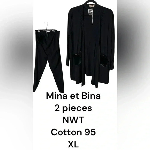 black open cardigan and pants set. Velvet patch pockets, XL.,NWT. Mina et Bina - Picture 1 of 15
